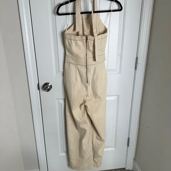 Anthropologie Moon River cream denim belted halter wide leg jumpsuit‎ small chic - Image 8