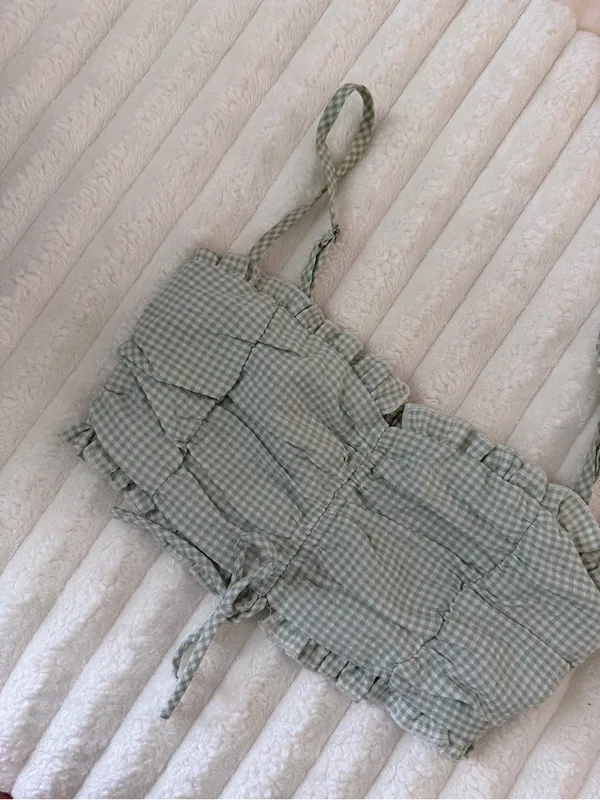 Princess Polly Sage Green Gingham Ruched Crop Top - Image 4