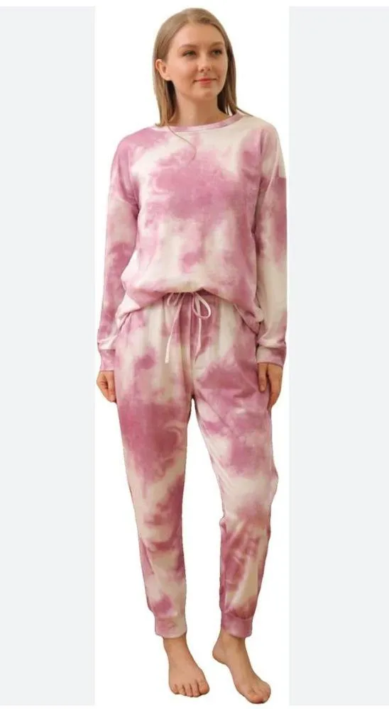 Pink white tie dye matching jogger sweatsuit outfit - Image 2