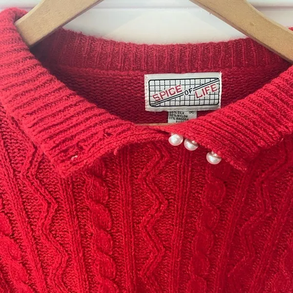 80s Vintage Red Angora Silk Sweater M Cable Knit Pearl Buttons Retro Twee Preppy - Image 8