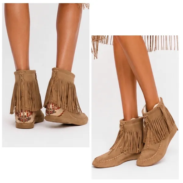 ALDO VTG Y2K 90s Tan embroidered Skagen Fringe Suede Moccasins Boho Festival RARE‎ - Image 2
