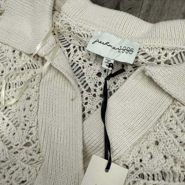 Cream crochet knit collared pointelle sweater Size M - Image 5