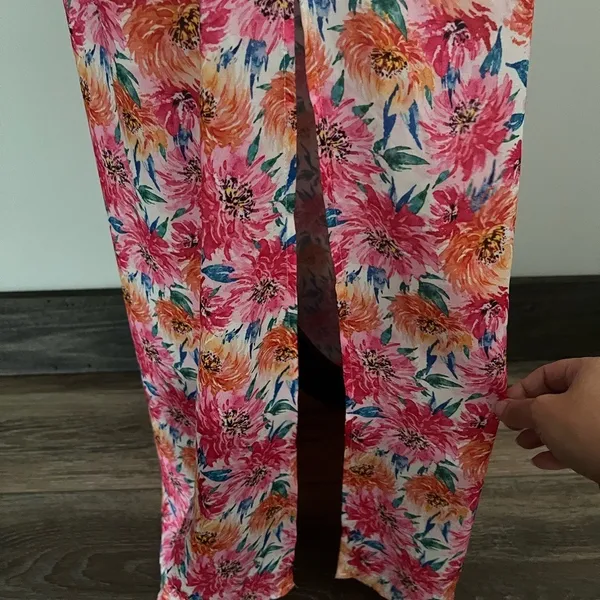 Pink Lily Floral Maxi Slip Dress Pink Orange Adjustable Strap Side Slit V-Neck M - Image 4