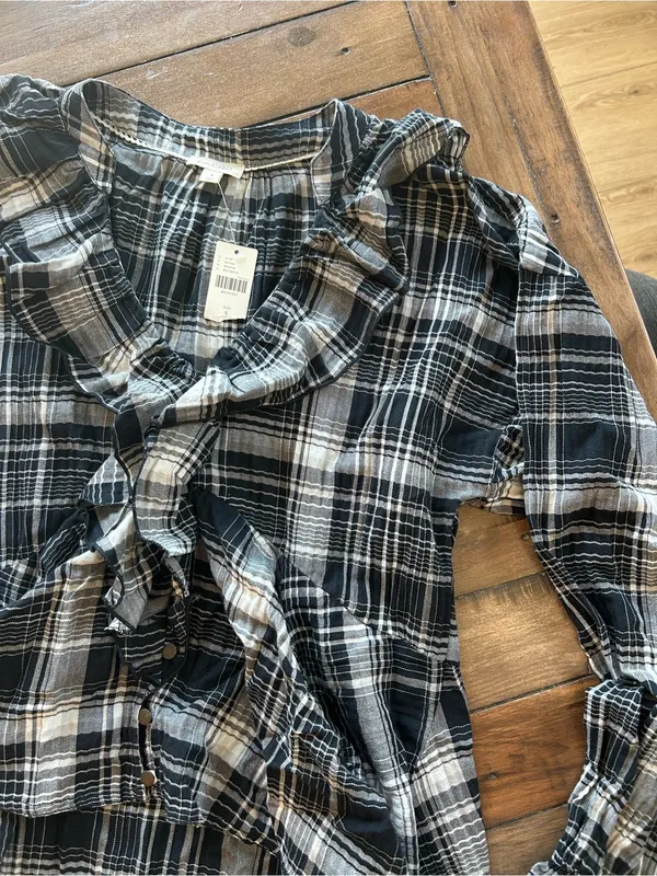 NWT Anthropologie Pilcro Plaid Ruffled Button Black Blouse S - Image 7