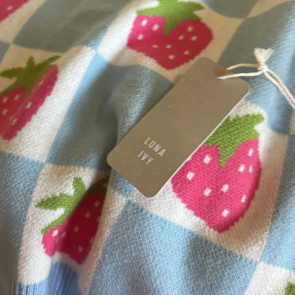 NWT Luna Ivy X Anthropologie Blue Checkered Strawberry Pullover Sweater Farm M - Image 10