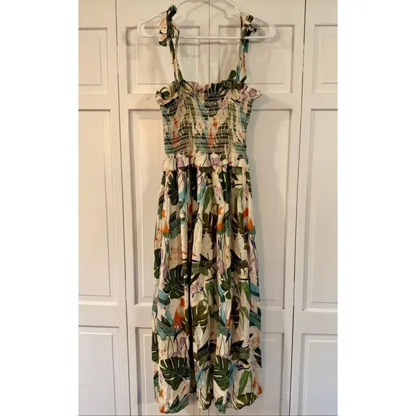 Anthropologie Corey Lynn Calter Olivia Tropical Bird linen smocked midi dress M - Image 3