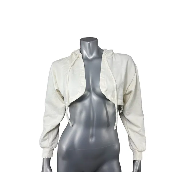 Zara Cropped Hoodie White Sweatshirt Shrug Medium Cotton Festival Minimalist - Image 3