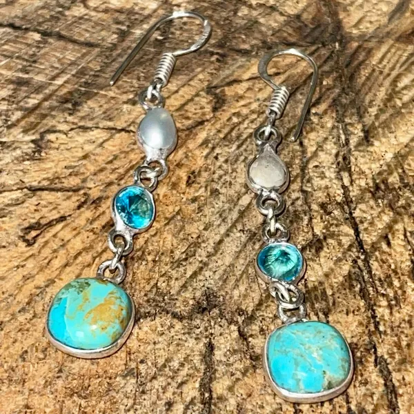 Faceted Tibet Turquoise Earrings 2 1/2” Gold - Image 5