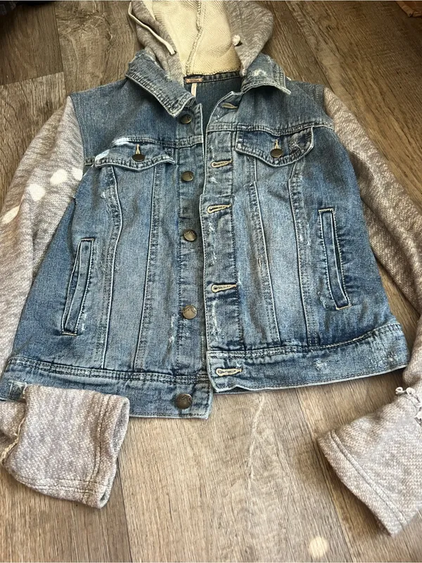 Free People | Distressed Knit Sleeve Denim Jacket S Grunge Hooded‎ Streetwear - Image 6