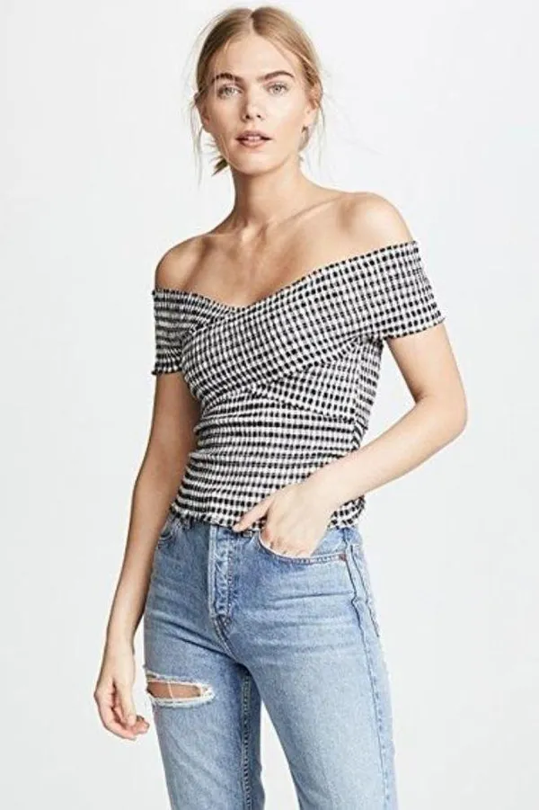 Revolve Cupcakes Cashmere Bowman Top Off-The-Shoulder Smocked Gingham Wrap Bardot Blouse - Image 5