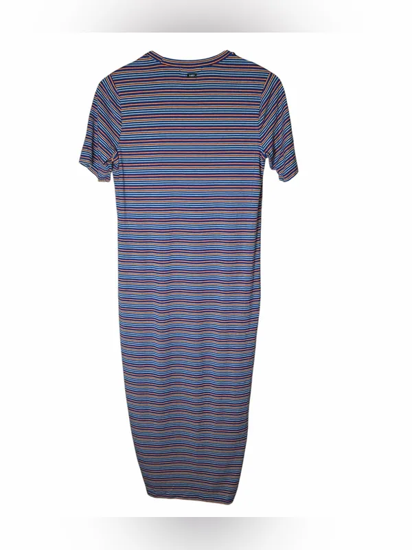 Obey Worldwide Striped Midi Shirt Dress Blue Red Yellow Logo Tee Dress Sz Small - Image 4