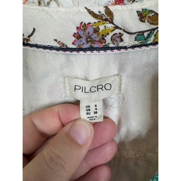 Pilcro Linen Blend Floral Bird Print Ruffle Midi Dress Puff Sleeve Cream Multi 4 - Image 4