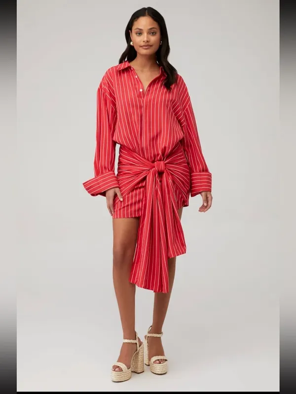 Bardot Malira Red White Stripe Draped Tie Shirt Mini Dress Size 6 NWOT - Image 2