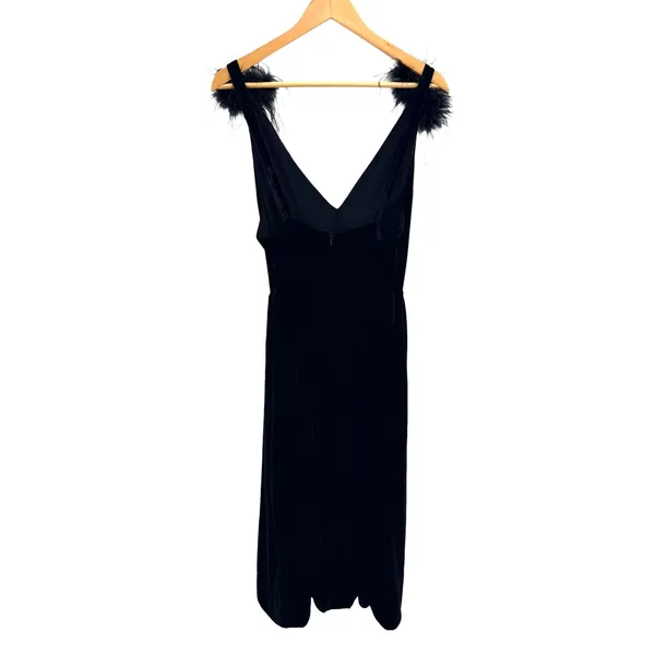 A Loves A Black Velvet V-Neck Midi Dress Feather Shoulder‎ Trim S Glam No Belt - Image 5