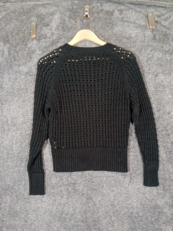 J Crew Pointelle Crewneck Sweater Black Knit Pull Over Boho Fall Womens M - Image 6