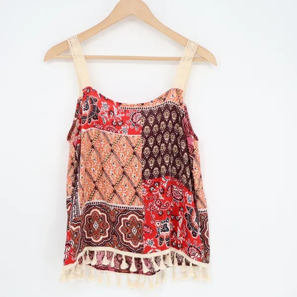 Illa Illa Tank Top Womens Medium Multi Floral Fringe Detailing Crochet Straps - Image 5