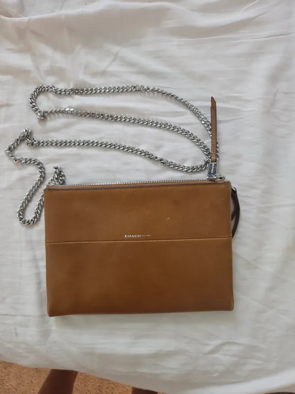 Coach Tan Leather Crossbody / Clutch with Silver Chain Strap - Image 2