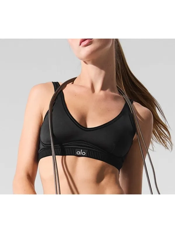 Alo Airlift Line Up Bra Black Padded Velvet Striped Sports Crop Top Bralette S - Image 5