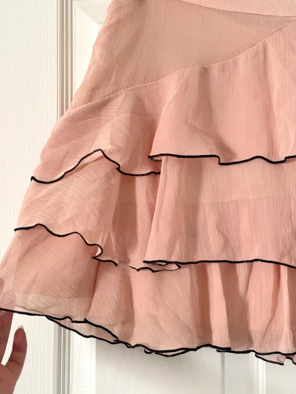 Zara Blush Pink Tiered Chiffon Ruffle Black Trim Mini Skirt - Image 6