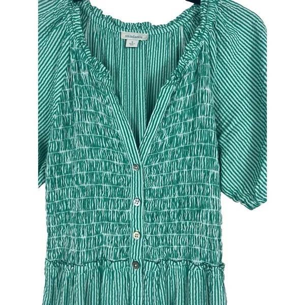 Sundance Smocked Button Maxi Dress S Green White Striped Tiered Cottage Boho - Image 5