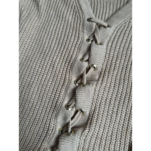 Entro Tan Knit Womens Casual V-Neck Sweater With Lace Up Front‎ Detail Size Small - Image 2