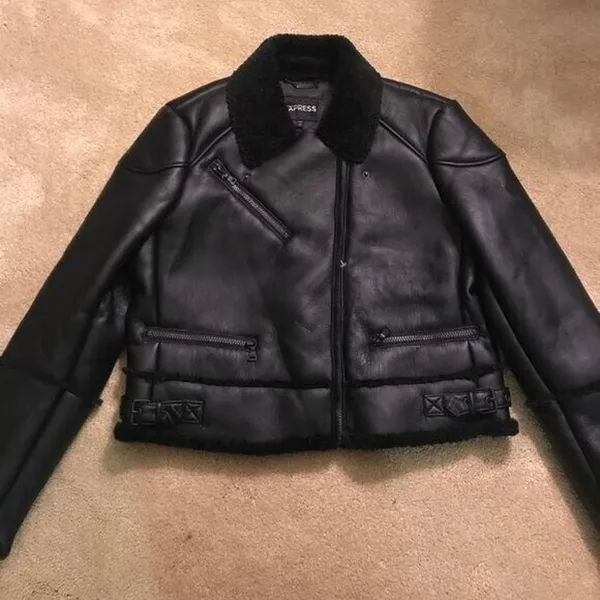 NEW Express black faux fur shearling Moto coat Sz XS Faux Leather Zipper chic - Image 3