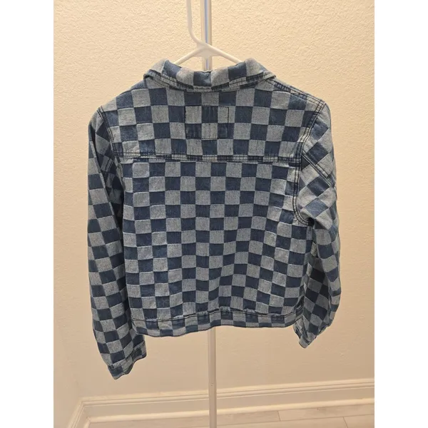 Forever 21 Checkered Board Print Cropped Trucker Denim Blue Y2K Jacket Medium - Image 5