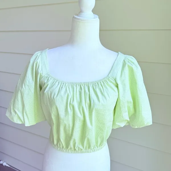 Copper Key Gingham Green Cropped Top with Puff Sleeves Size Small - Image 5