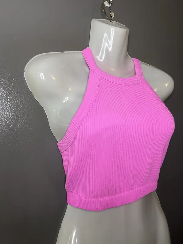 Aerie Sports Bra Womens Small Pink Ribbed Knit High Neck Racerback Cropped - Image 2