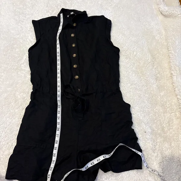 LOFT Women Black Linen Short Sleeve Romper Boho Indie Resort Casual Preppy Sz L - Image 4