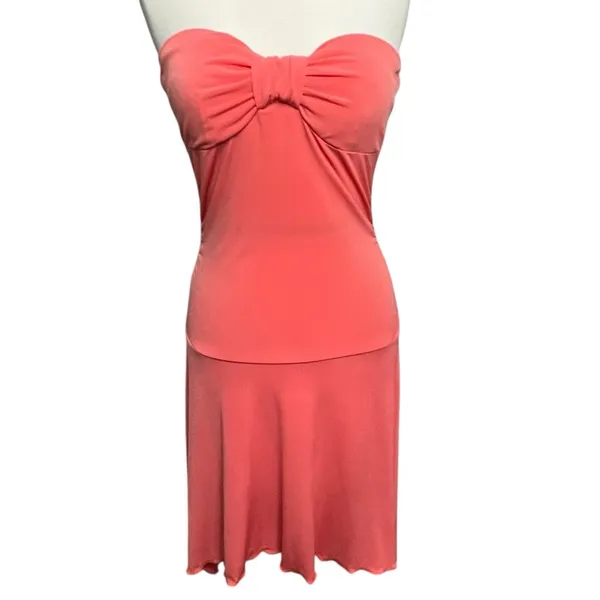 Rhapsody Y2K‎ Strapless Bow Front Mini Dress M Coral Pink Sleeveless Coquette - Image 2