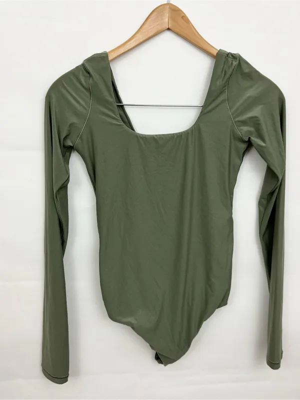 American Eagle aerie SMOOTHEZ Long Sleeve Plunge Bodysuit Olive Green Med - Image 4