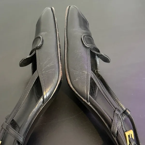 Vintage Prada Black Leather Square Toe Slingback Pump Size 35.5 Gold Buckle y2k - Image 14