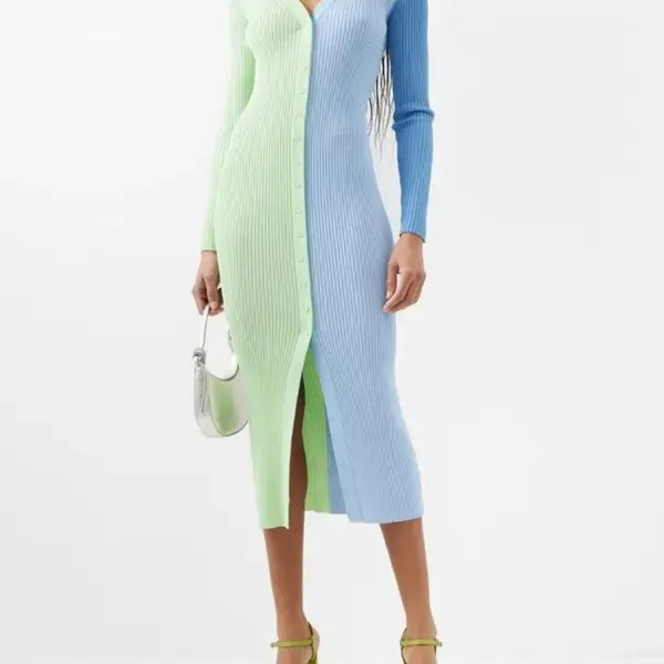 STAUD Sweater Dress Womens Shoko Size M Green Blue Ribbed Knit‎ Colorblock Midi - Image 13