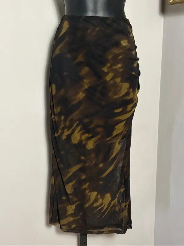 NEW Kenneth Cole Medium Pull-On Mesh Midi Skirt Ruched Black Olive - Image 2