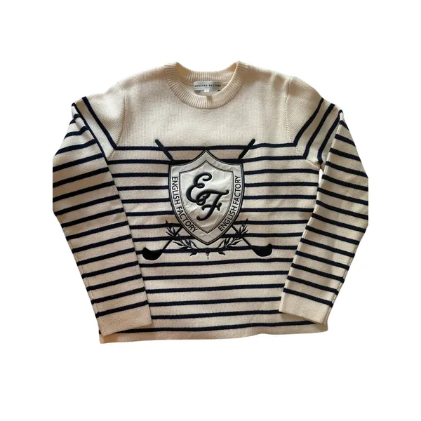 English Factory Golf Crest Sweater Cream Navy Striped Preppy Golfcore Small - Image 6
