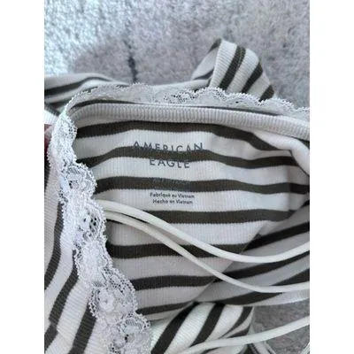 American Eagle Lace Trim Striped Cami Tank Top XS Olive Ivory Y2K Cottagecore - Image 9