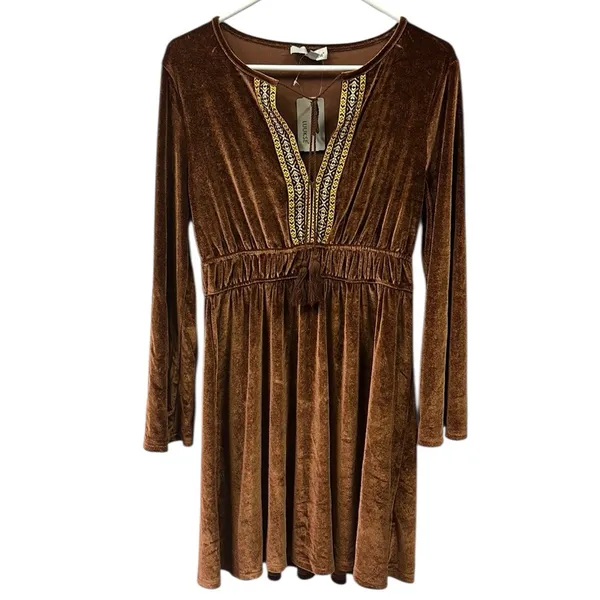 Luukse Brown Boho Velour Embroidered Tie Neck Tassel Mini Midi Dress Medium - Image 6