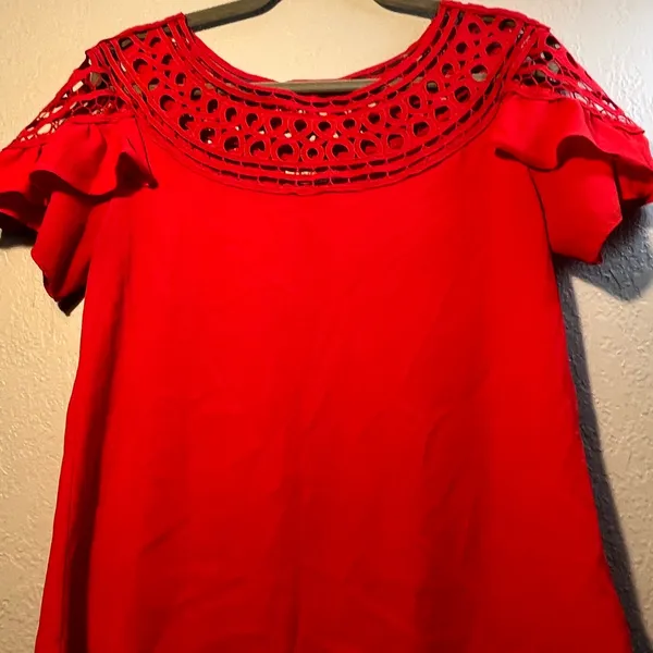 Red Ruffled Flutter Sleeve Blouse size Medium Red 2000s Y2K - Image 2