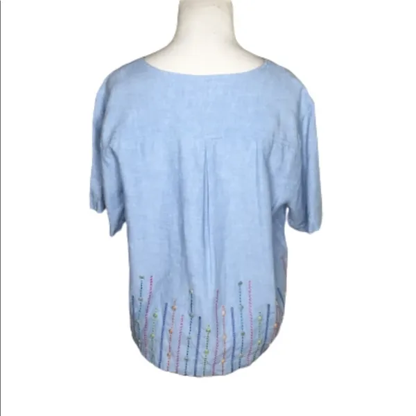Vintage Bechamel Blue Linen Buttons Embroidery Shirt Medium Top - Image 6