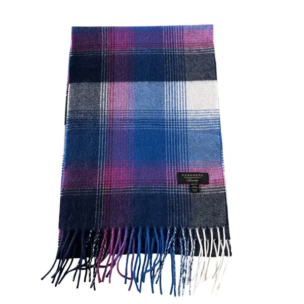 Charter Club Scarf Women OS Blue Pink Plaid Cashmere Luxury Fringe Winter Wrap - Image 3