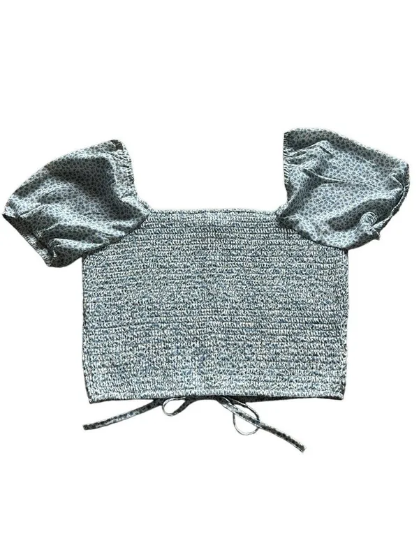 Paper Crane Floral Smocked Puff Sleeve Crop Top Blue - Image 2
