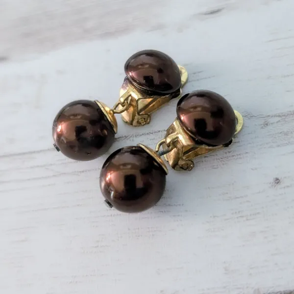 Vintage Clip On Earrings Metallic Brown Regal Elegant Statement Earrings - Image 3