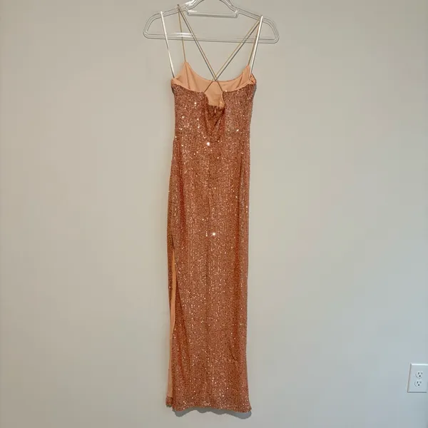 Hello molly so outta my mind Sequin slit maxi Dress in‎ Rose Gold small - Image 3
