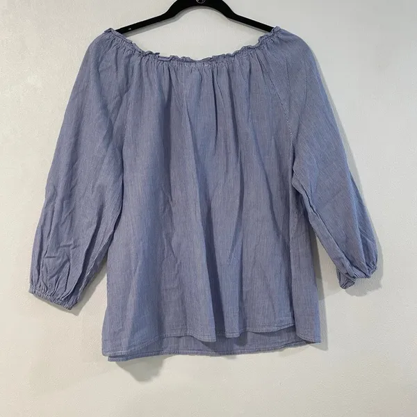 THML Medium Blue Stripe Floral Embroidered Boho Peasant Blouse - Image 3