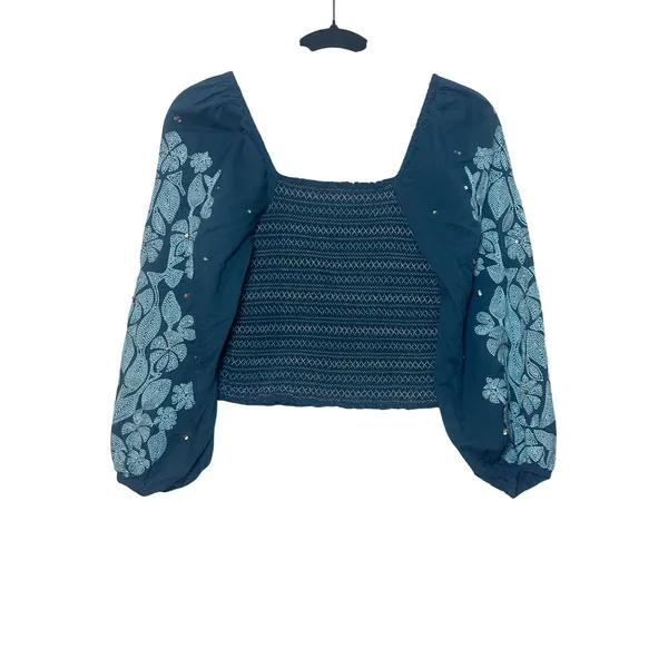 Anthropologie Teal‎ Smocked Embroidered Puff Sleeve Crop Top XS Floral Boho - Image 7
