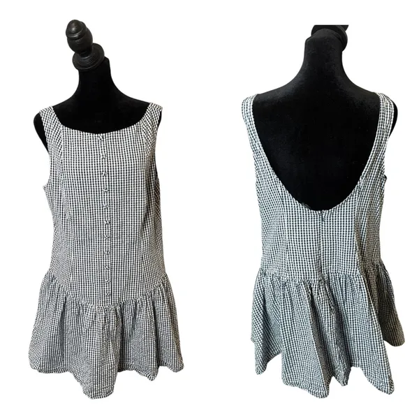 Wild Fable Seersucker Gingham Plaid Mini Dress Womens L Navy White Button Front Drop Waist - Image 2