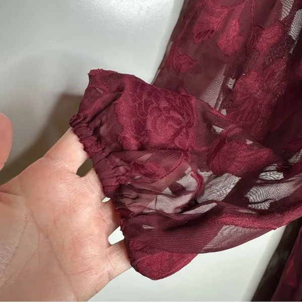 Lulus Desired Aesthetic Wine Red Floral Burnout Long Sleeve Midi Dress Size L - Image 6