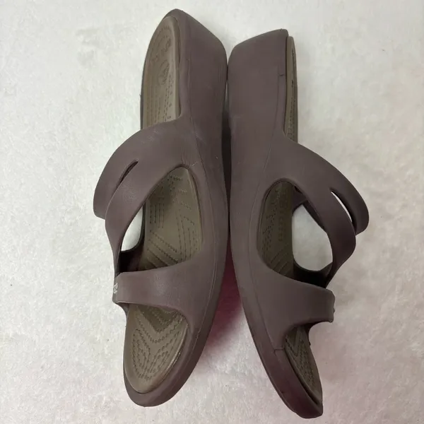 Crocs Brown Criss Cross Rubber Slide On Wedge‎ Sandals Size 9 Women's - Image 5