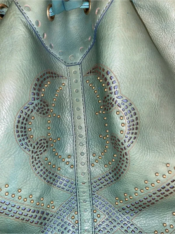 Y2K Vintage Cole Haan Teal Leather Drawstring brass studded Hobo Bag Boho fairy - Image 4